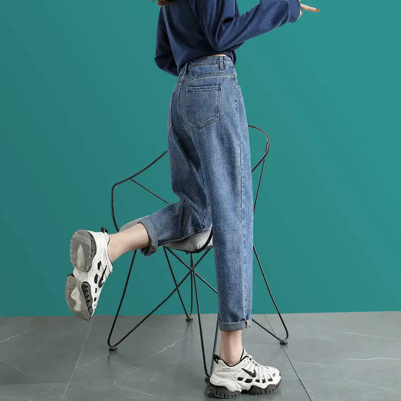 

Джинсы для папы с высокой талией, женские девятиточечные весенне-осенние новые свободные утягивающие универсальные брюки-морковка Харлан, модные