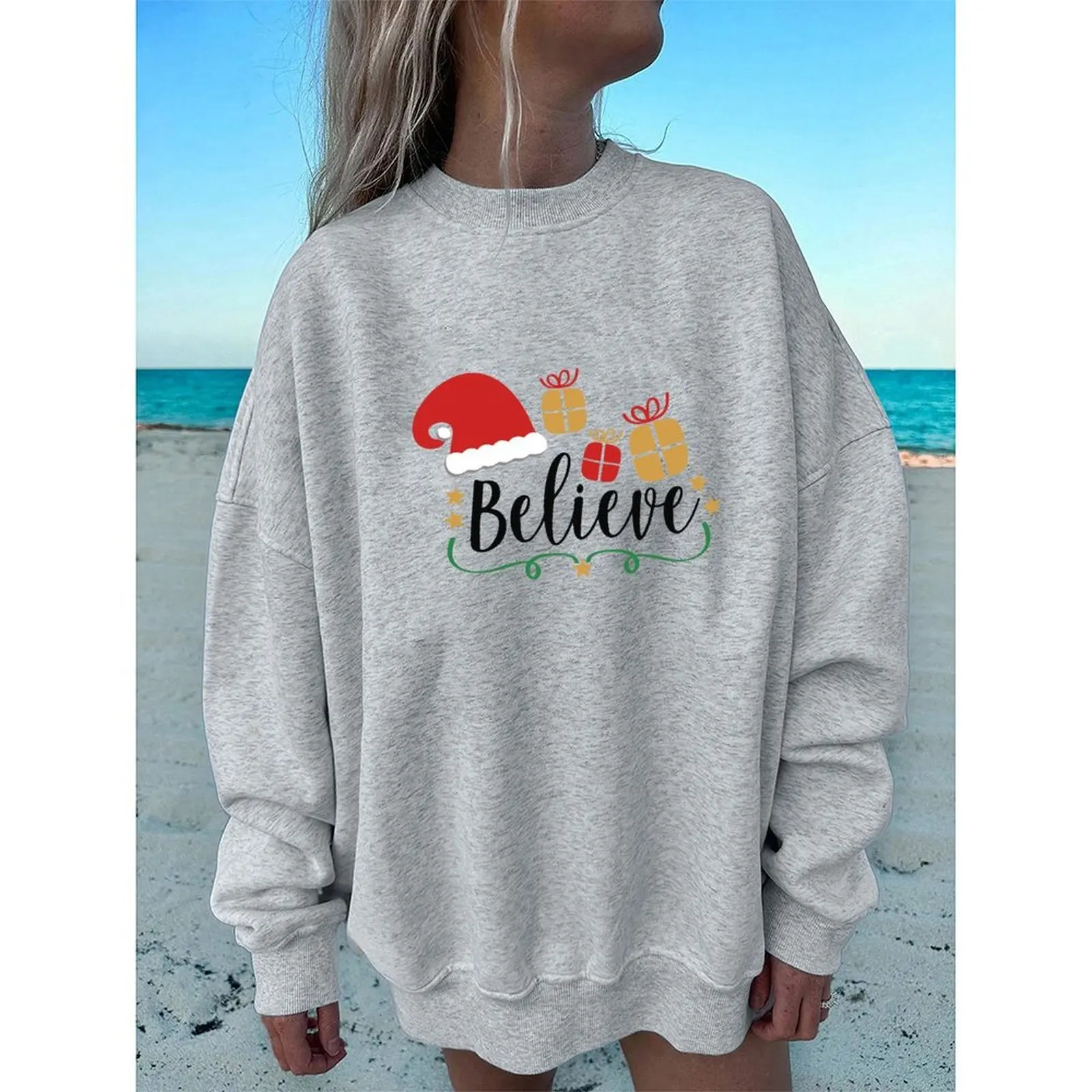 

Round Neck Women's Sweatshirts Velvet Winter Casual Loose Comfortable Christmas Printed Pattern Long Sleeved Pullovers