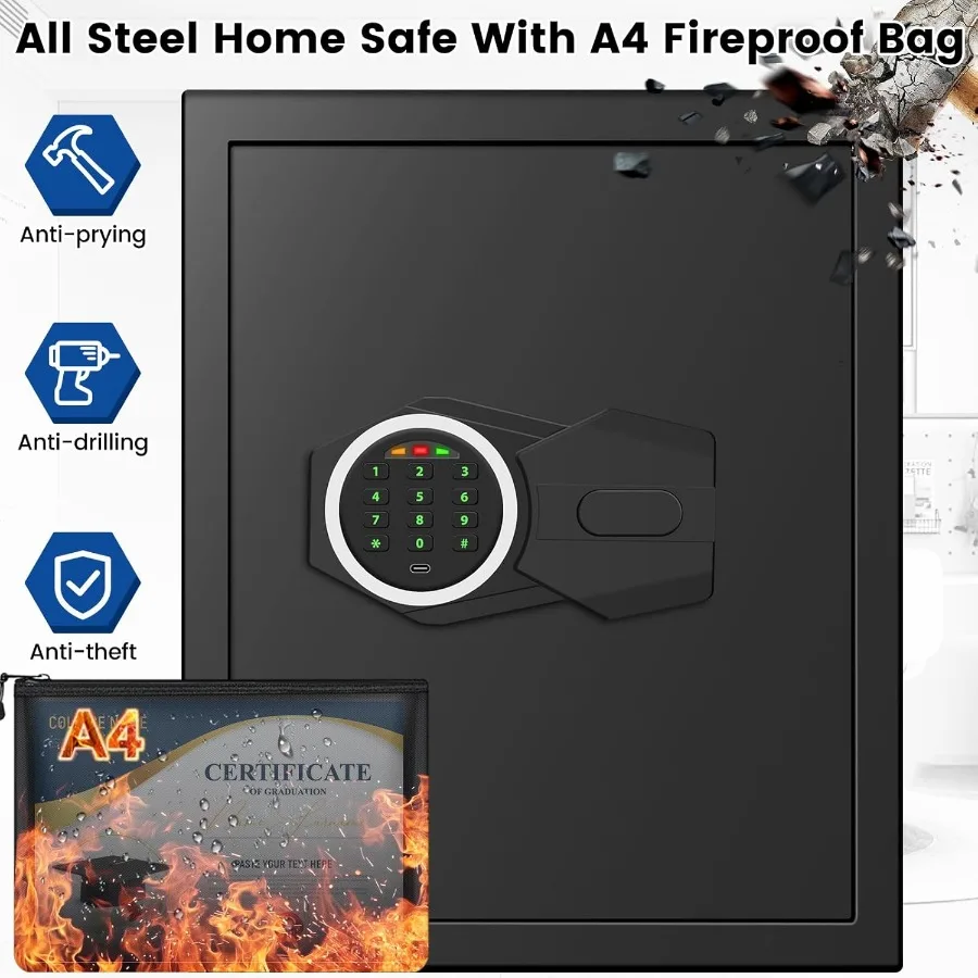 Large Home Safe Box Fireproof Waterproof with A4 Fireproof Bag and Backlit Keypad 2.4 Cu Ft Antitheft Fireproof Safe with Remov