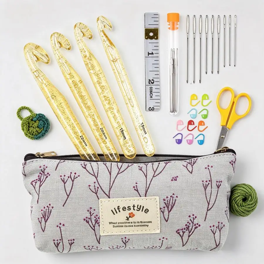 1set Transparent Glitter Crochet Hook Set, with Fabric Storage Pouch, Knitting Supplies for Yarn Hand‑Crochet Craft Work XJM