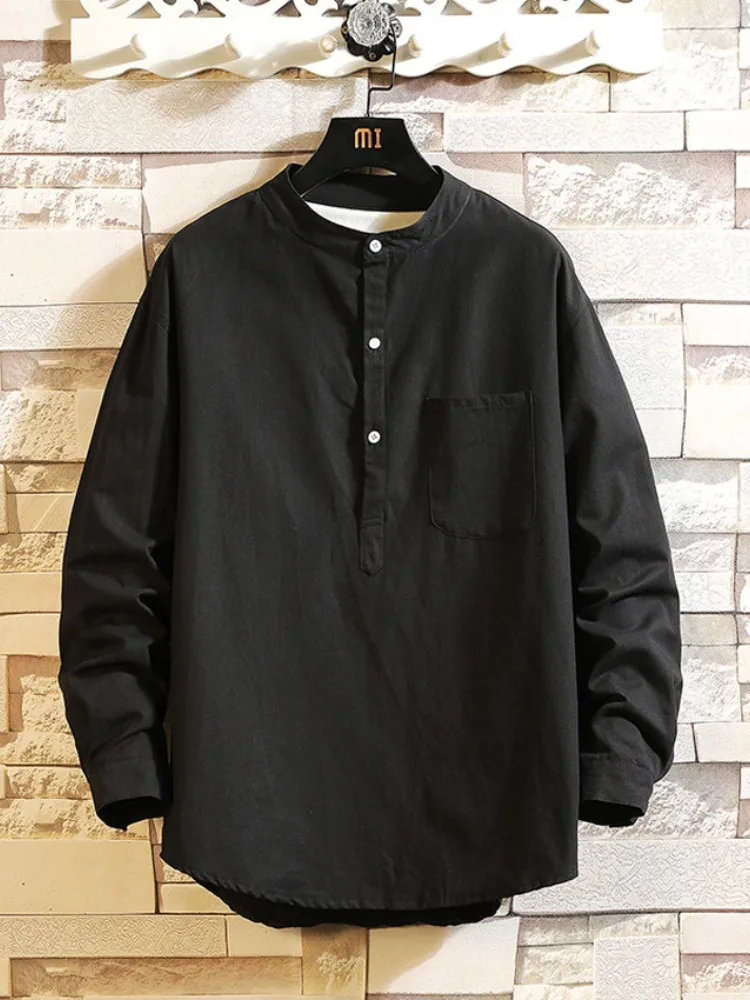 

Мужская рубашка-куртка с воротником-стойкой, длинным рукавом, в новом китайском стиле, свободного кроя, из полиэфирного волокна, не требует глажки, молодежная, популярная.