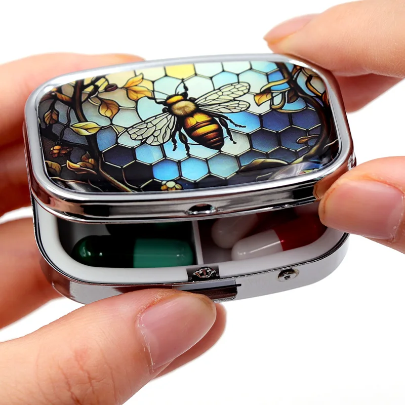 Animals Print 2 Compartments Metal Pill Box, Portable Travel Medicine Organizer Sealed Small Storage Container