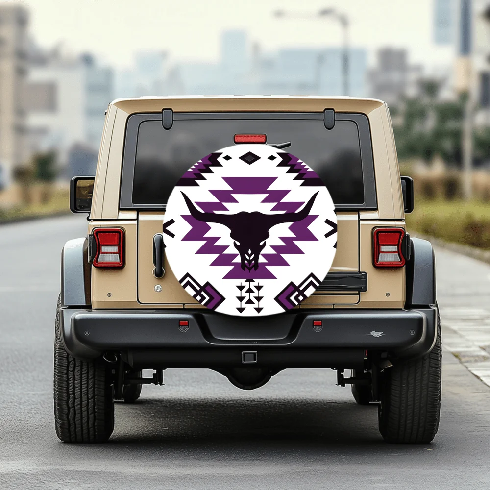 Violet Bull Head Totem Ethnic Style Pattern 30/34 Inch Multi-Functional Tire Cover, Suitable For Jeeps, Trailers, RVs, Off-Road