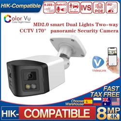 Hikvision Compatible 4K 8MP 170° Panoramic IP Camera  IR&ColorVu 2-way Audio Human Detection SD Card Slot Plug&Play HIK NVR APP
