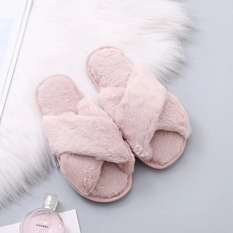 Warm Fluffy Slippers Women\'s Plush Slippers Comfortable Faux Fur Cross Indoor Bedroom Floor Ladies Slippers Flat Soft Fur Shoes