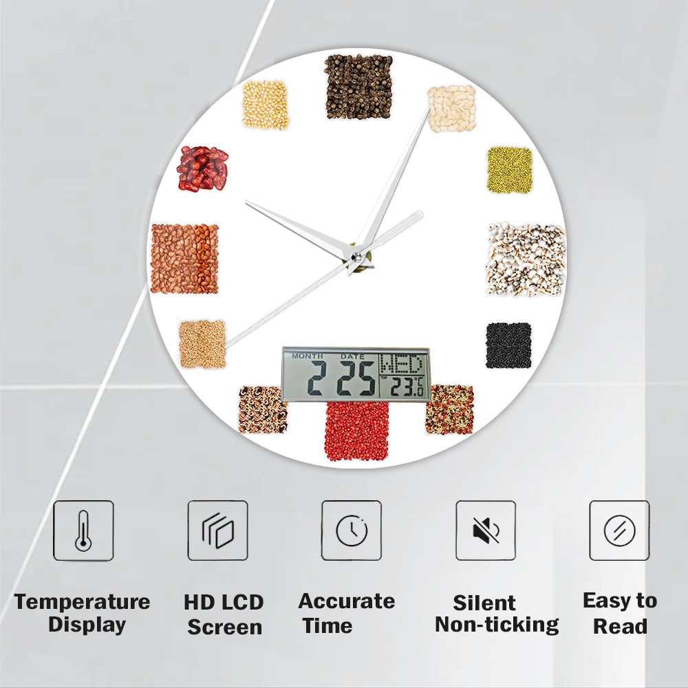 Variety Spices And Herbs Silent Wall Clock with LCD Display Kitchen Dinning Room Home Decor Food Art Cooking Women Green Gift
