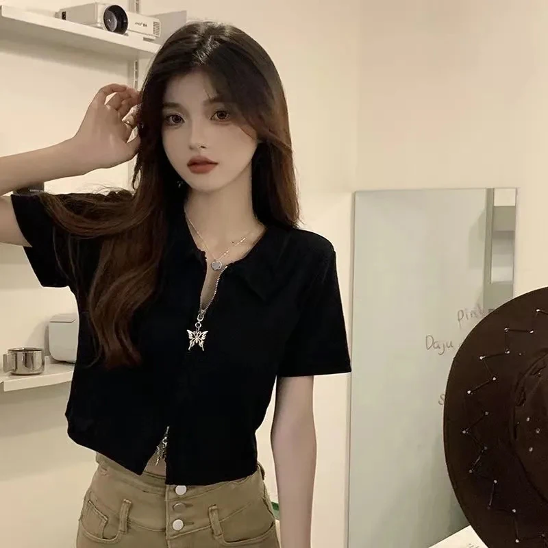 Bow Double Zipper T Shirt Women Summer Fashion Sweet Chic Crop Top Korean Slim Fit Y2K Black Turn Down Collar Short Sleeve Shirt