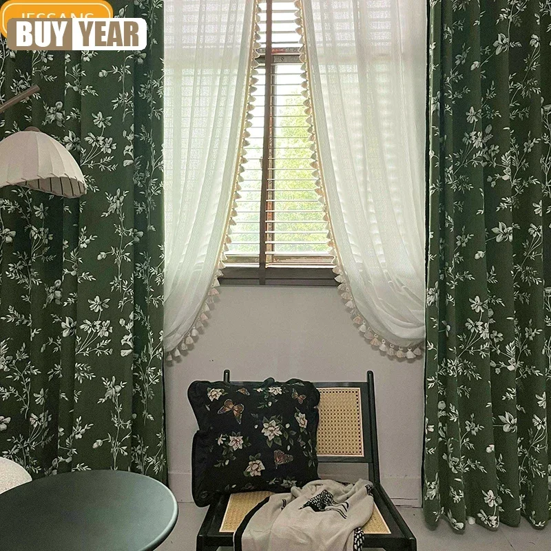 New Retro Green Chenille Jacquard Blackout Curtains for Living Room Bedroom Floor-to-ceiling Windows Balcony Customization