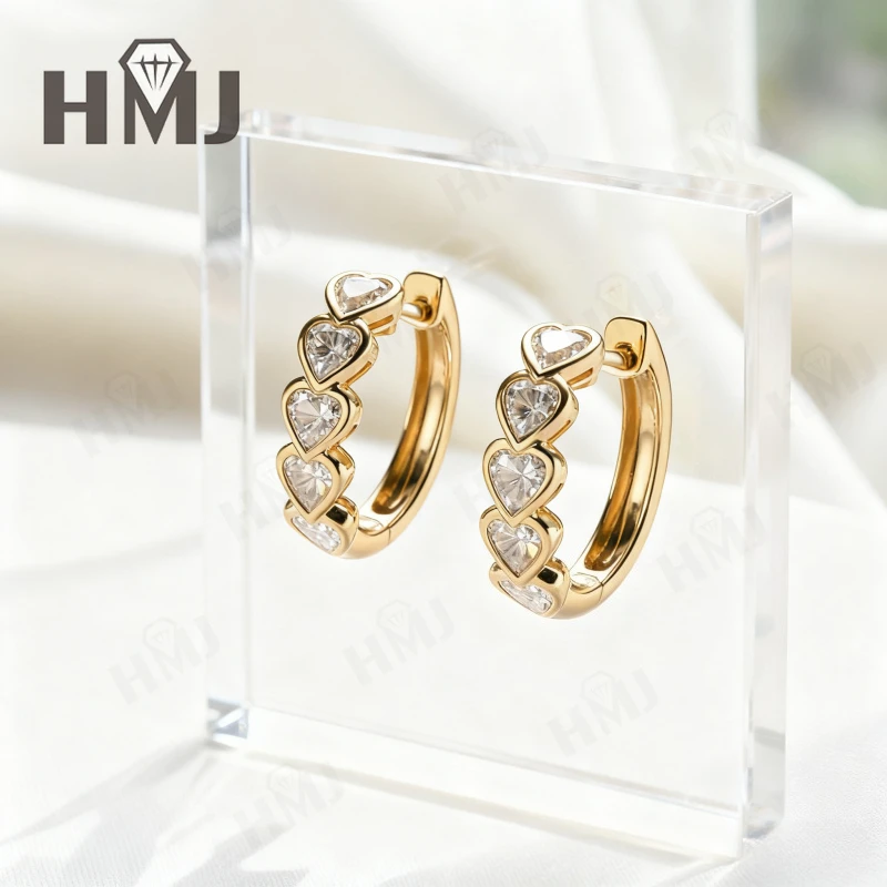 

Hoop Diamond Earrings Ruby Sapphire Emerald Five Stones Heart Shape 10K 14K 18K Gold 925 Silver Birthday Gift Hypoallergenic