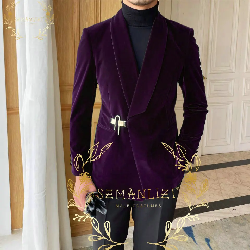 

SZMANLIZI Tailored Purple Velvet Smoking Jacket Prom Suits Men Suits for Wedding Shawl Lapel Groom Tuxedo 2 Pcs Terno Masculino