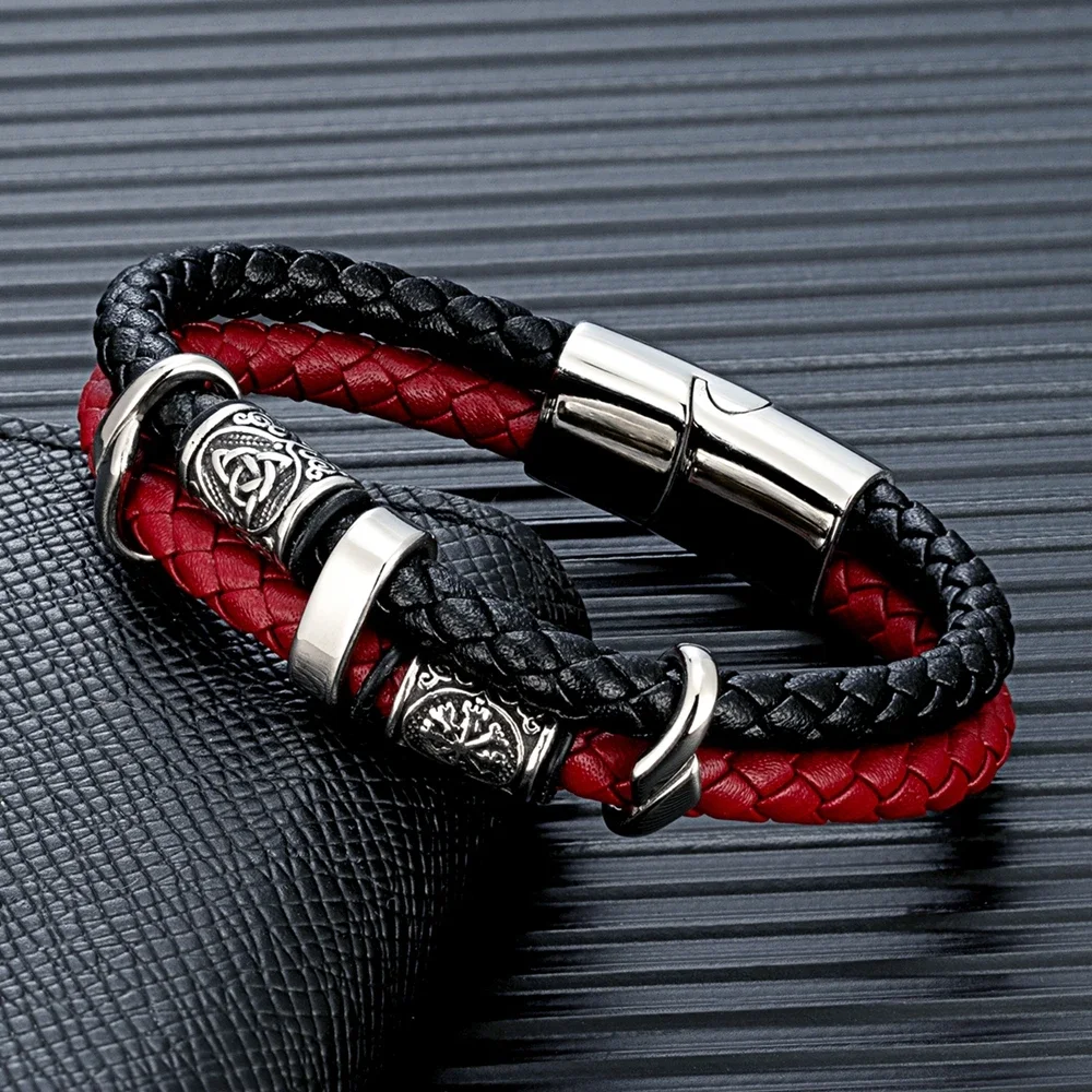 Punk Viking Style Stainless Steel Compass Norse Runes Amulet Beads Braided Multilayer Leather Bracelet Homme Pulseras