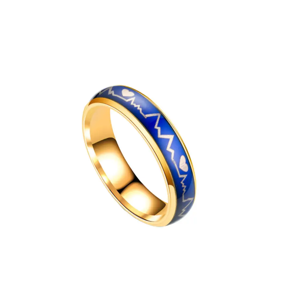 1Pcs Heat Color Changing Ring Metal Fashion Couple Electrocardiogram Printed Unique Stylish Finger Ring Golden Size 6 Birthday