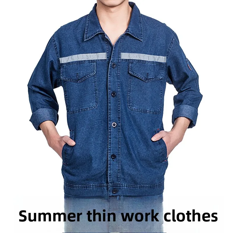 

Men's Summer Thin Long Sve Denim Workwear Set Reflective Strip Welding Site Labor Protection Clothes