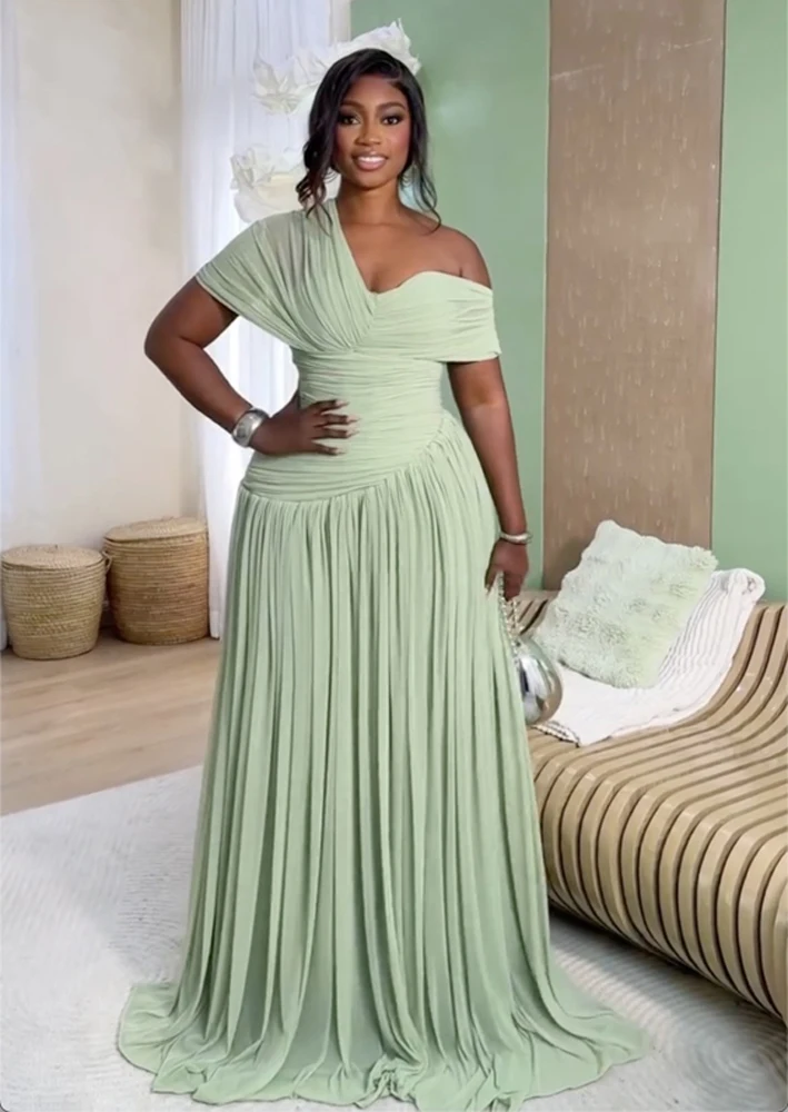 Salbeigrünes Chiffon-Maxikleid für Damen, asymmetrisches, schulterfreies, gerafftes langes Abendkleid, formelles Kleid für Hochzeitsgäste, Brautjungfern und Partys – Detail 4