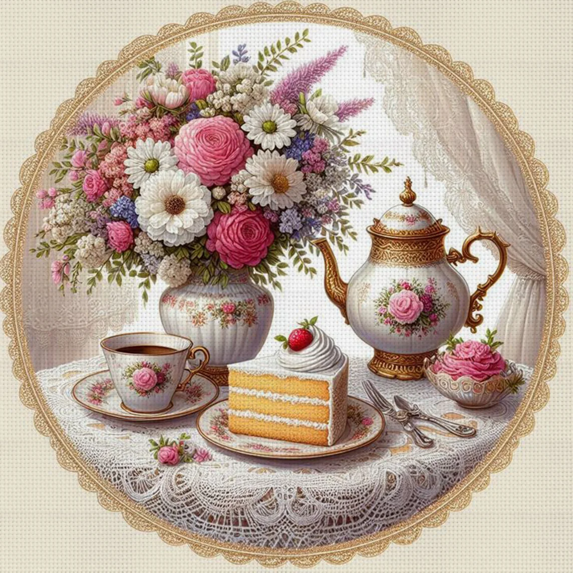 Kreuzstich-Set mit Tee- und Blumenduft, DIY, 11CT, Stickerei, Heimwanddekoration, Geschenk, handgefertigtes Material, rahmenlos, halbfertig, 36 x 36 cm