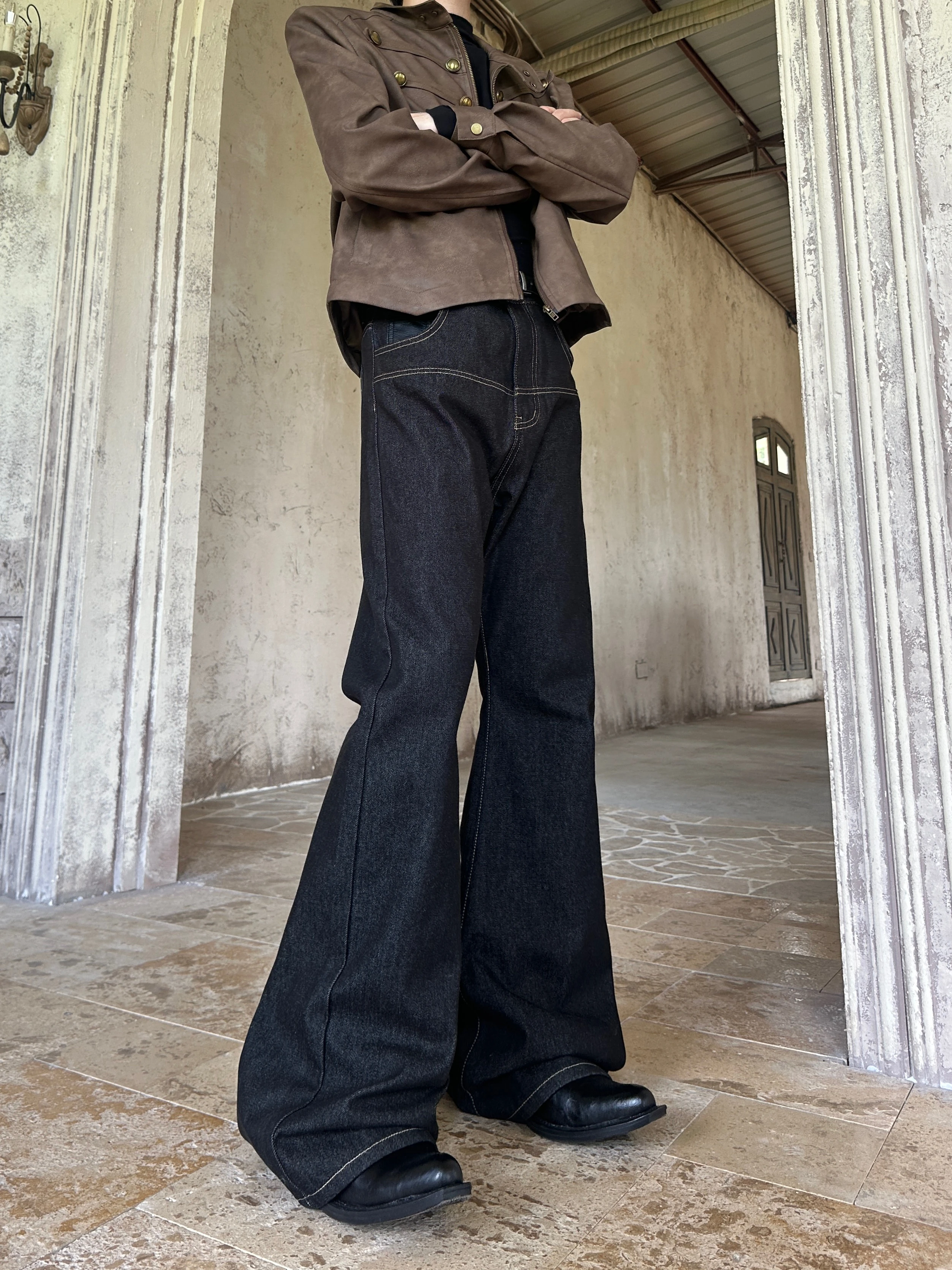 MARTHENTUASR Falling Sensation High Waist Cotton Denim Jeans Floor-Length Micro Flared Original Color Iron-On Brick Pants