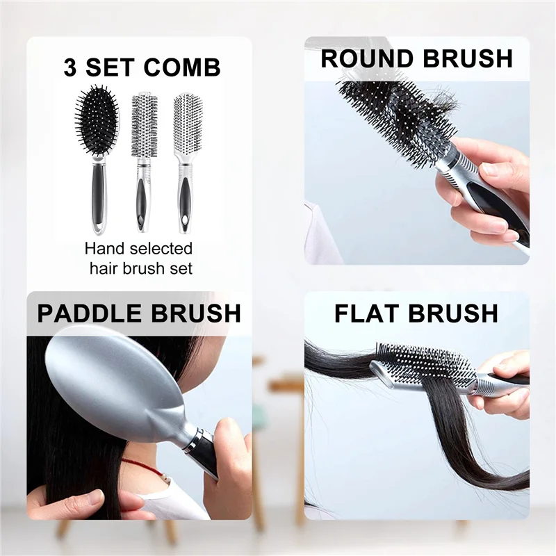 

Hair Brush Set - Paddle Brush,Round Blow Drying Hairbrush & Detangling Brush,Detangler Brush and Wide Tooth Comb