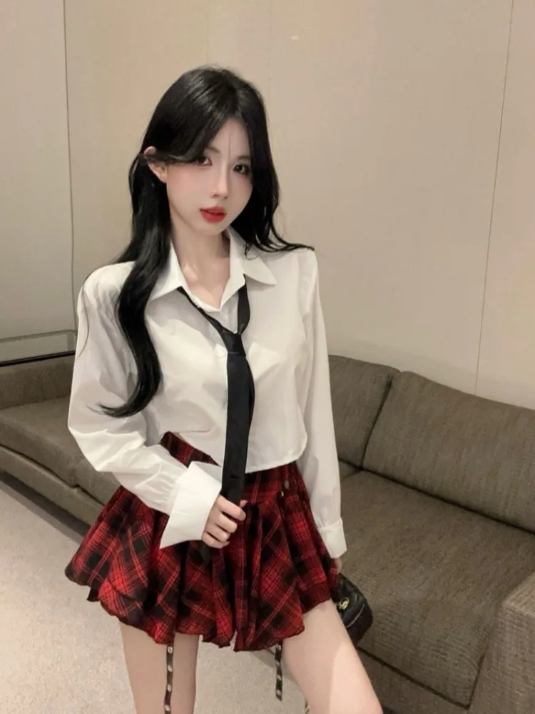 

American College Style Uniform Set Women Loose Slim Short Shirt Sexy Pleated Skirt Two Piece Set Autumn Fashion Casual Wear