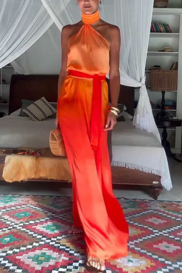 Women's Summer Vacation Island Style New 2026 Lace-up Sunset Orange Gradient Halter One-Shoulder Sleeveless Sexy Backless Dress