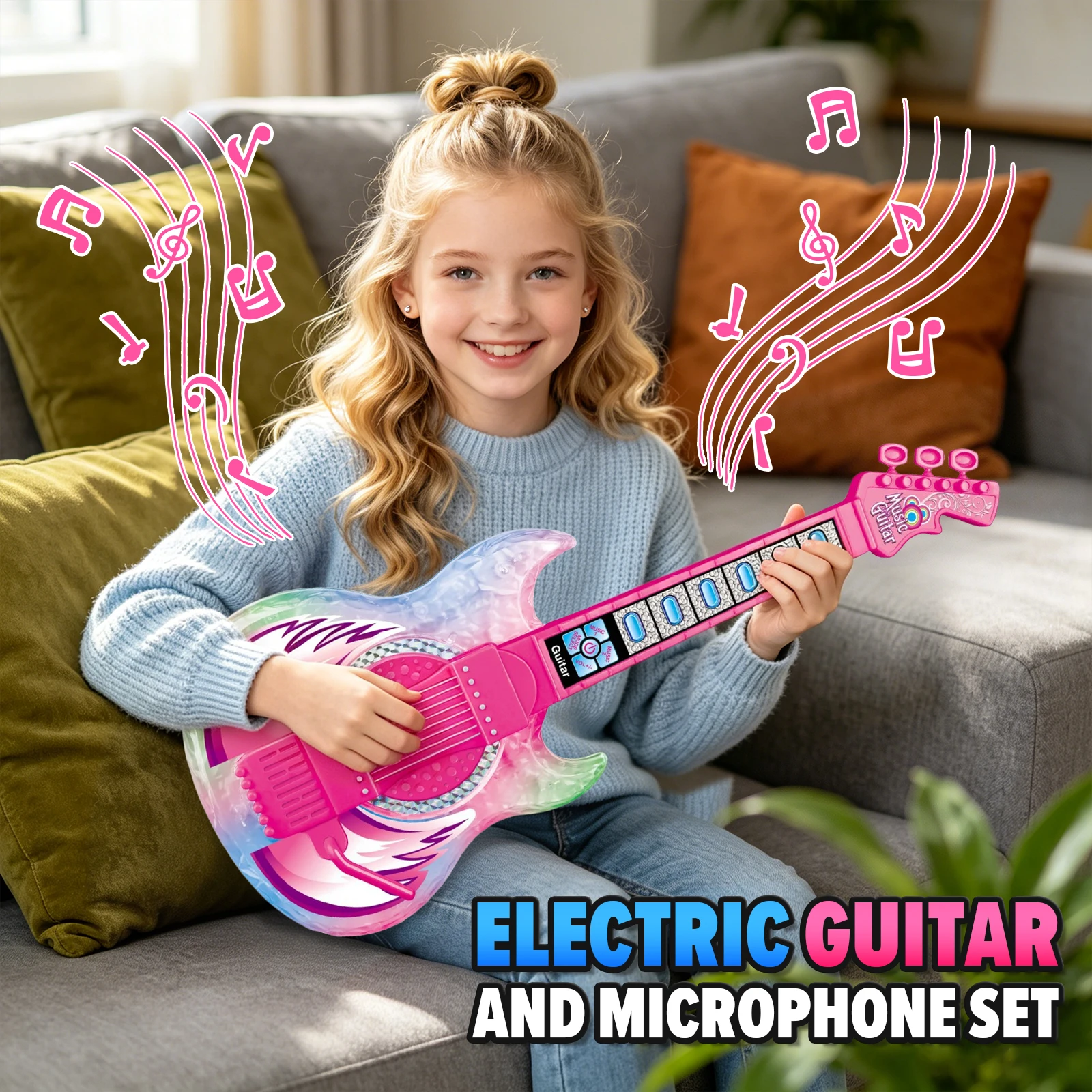 Electric Guitar With Microphone Musical Instrument Combination With Light Multi-functional Karaoke Singing Children's Toy Gifts