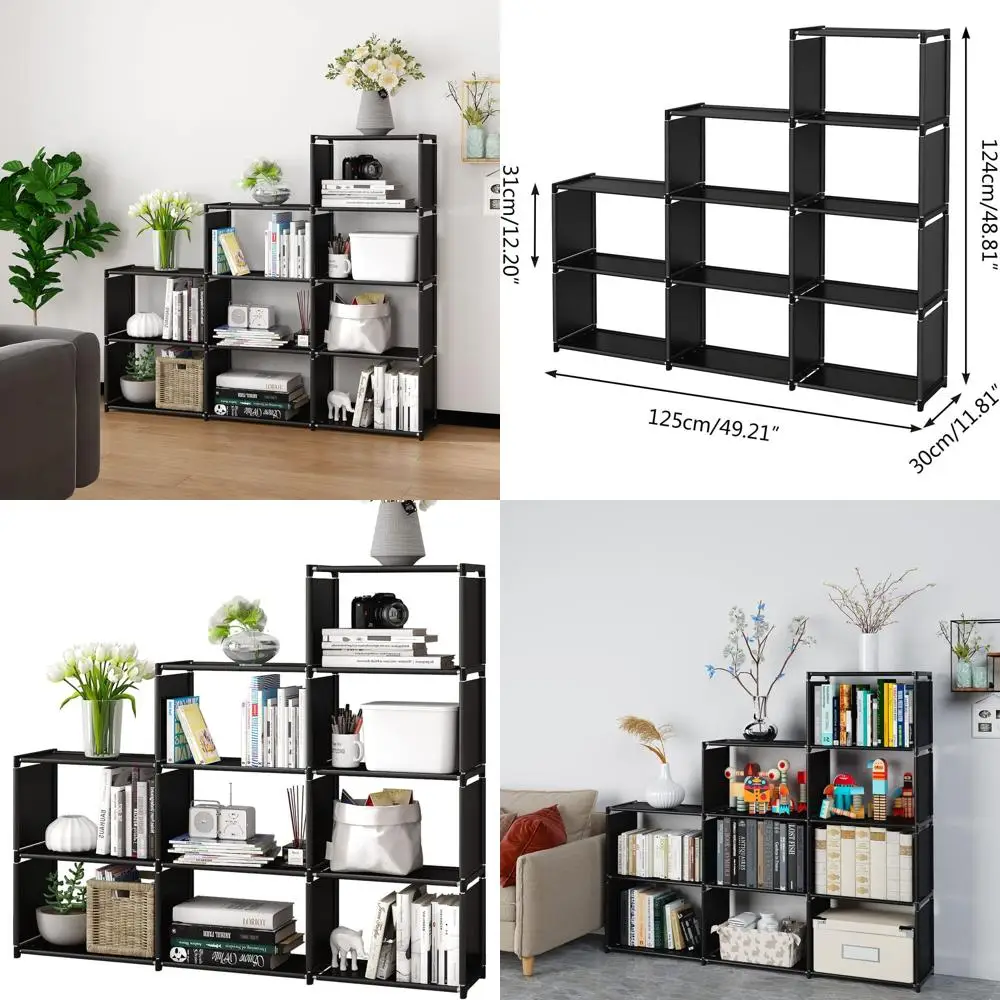Vertical 9-Cube Storage Unit for Books and Decor, Dual-Tiered Black Shelving Rack for Living Spaces