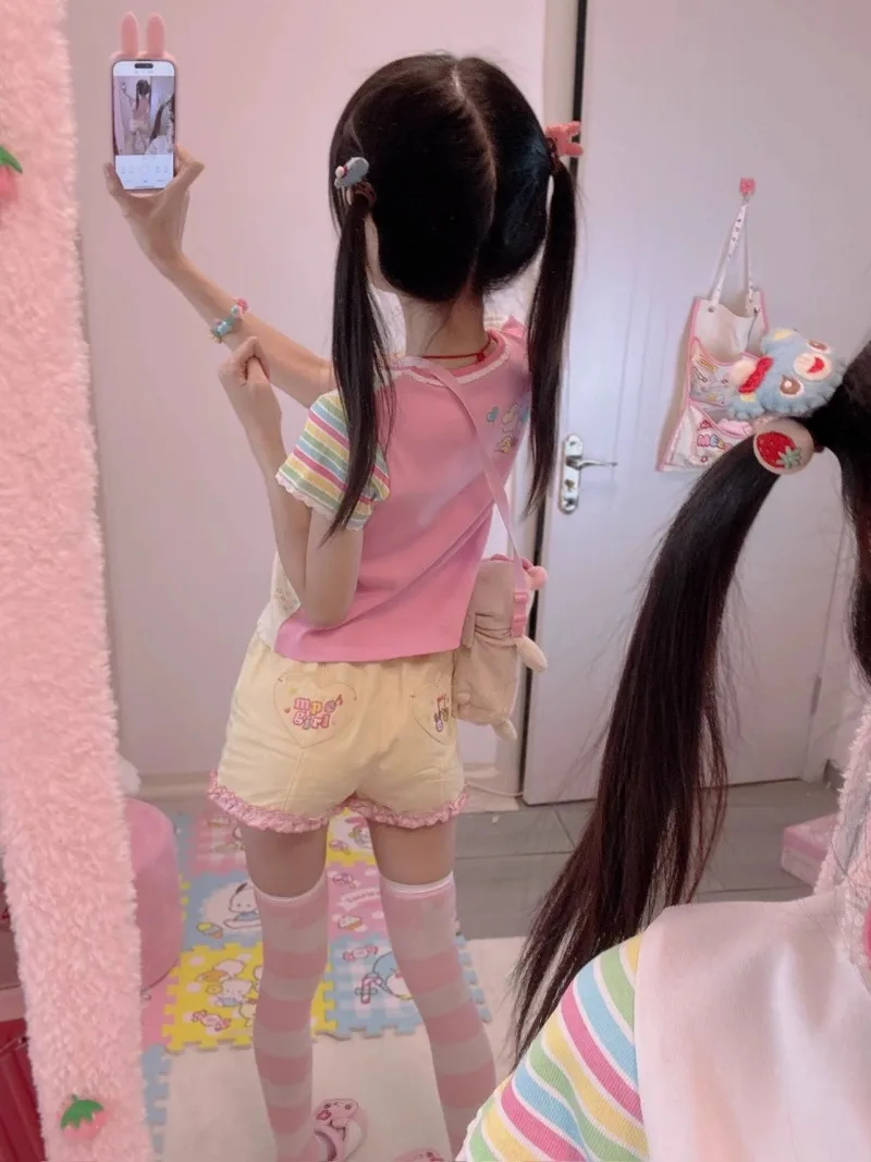 2025 جديد اليابانية الصيف لطيف الحلو طفولي الكرتون طباعة خمر قصيرة الأكمام تي شيرت للنساء