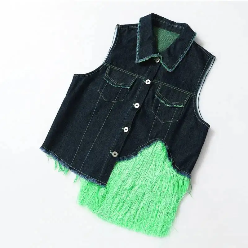 ANJY Spring Summer New Women High Street Tassel Patchwork Denim Asymmetric Skirt Fashion Design Punk Niche Sleeveless Vest A8020