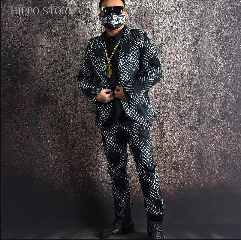 جديد الرجال أبيض وأسود البولكا نقطة طباعة دعوى معطف ملهى ليلي الربيع الذكور المغني تصفيف الشعر الاتجاه سليم بليزرات جاكيتات فستان