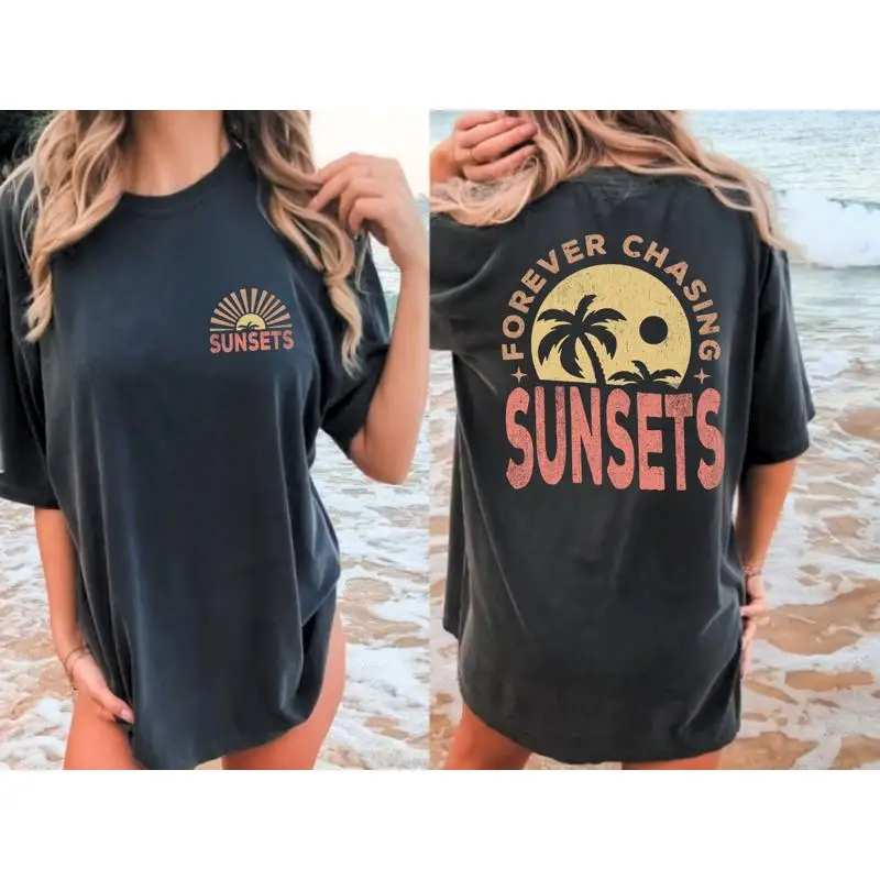 SunseT Camiseta Mujer Verano Playa Forever Chasing Sunsets Vacaciones Retro