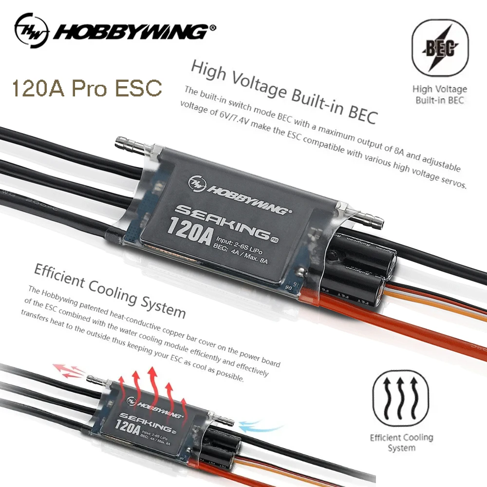 HOBBYWING Seaking Pro 120A Brushless ESC 2-6S Lipo 6V/7.4V 4A BEC Waterproof Electronic Speed Controller For RC Boats Ships