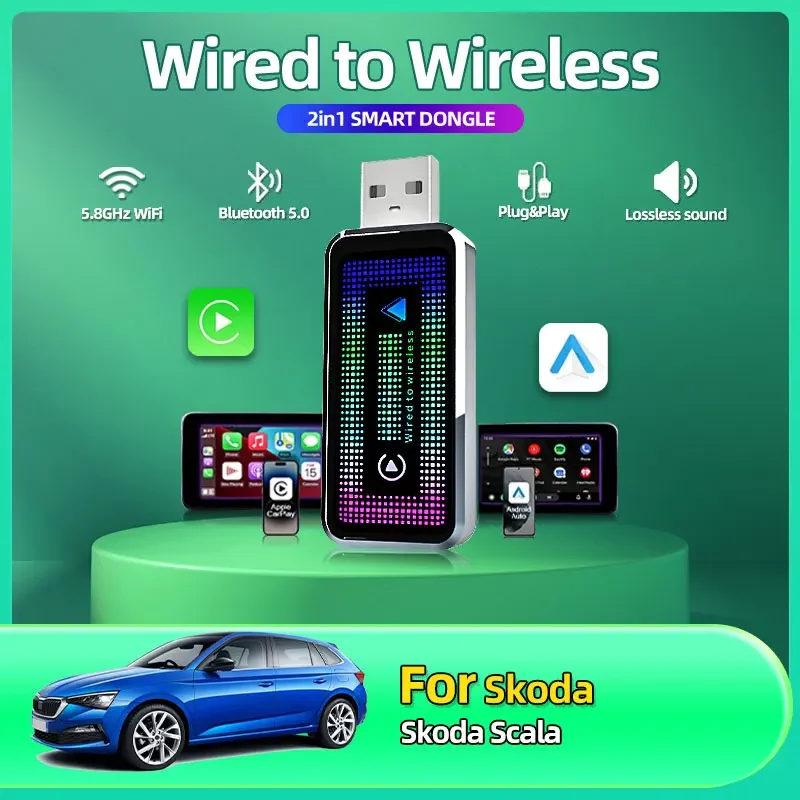 

2025 New Portable Mini Wireless Carplay Converter Wired Carplay to Wireless Carplay Android Auto 2-in-1 Adapter For Skoda Scala