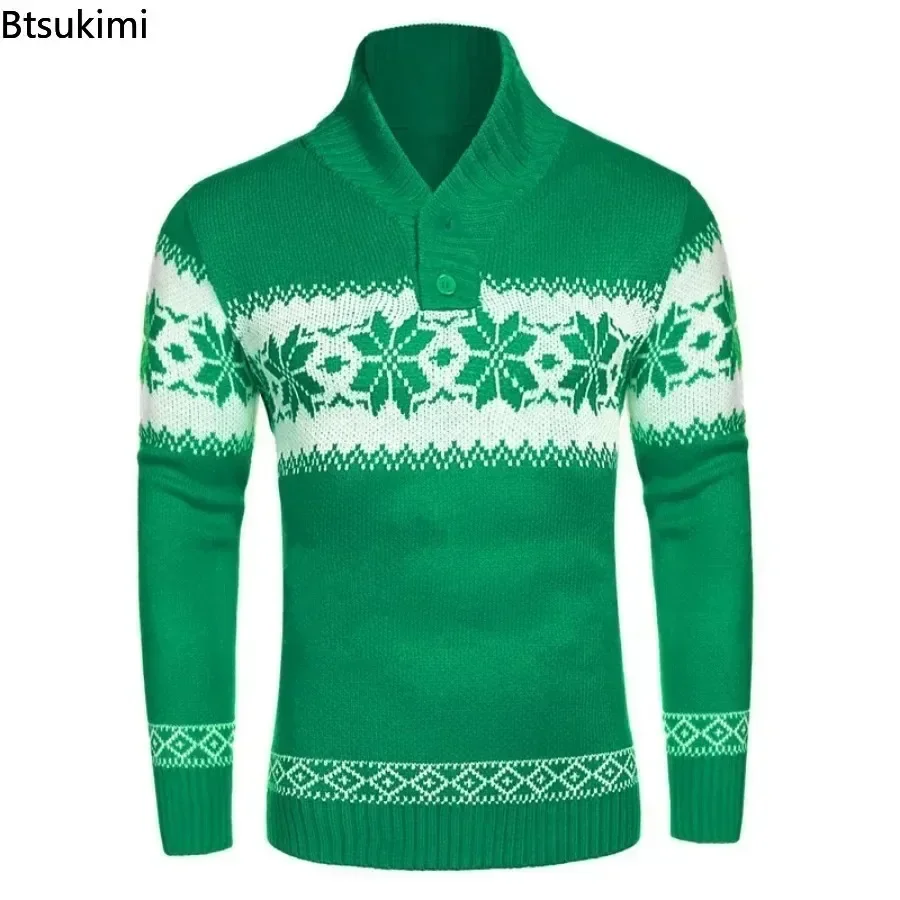 2024 Autumn Winter Men's Snowflake Christmas Sweater Knitted Sweater V-Neck Casual Knit Jumpers Pullovers Home Warm Outwear Male