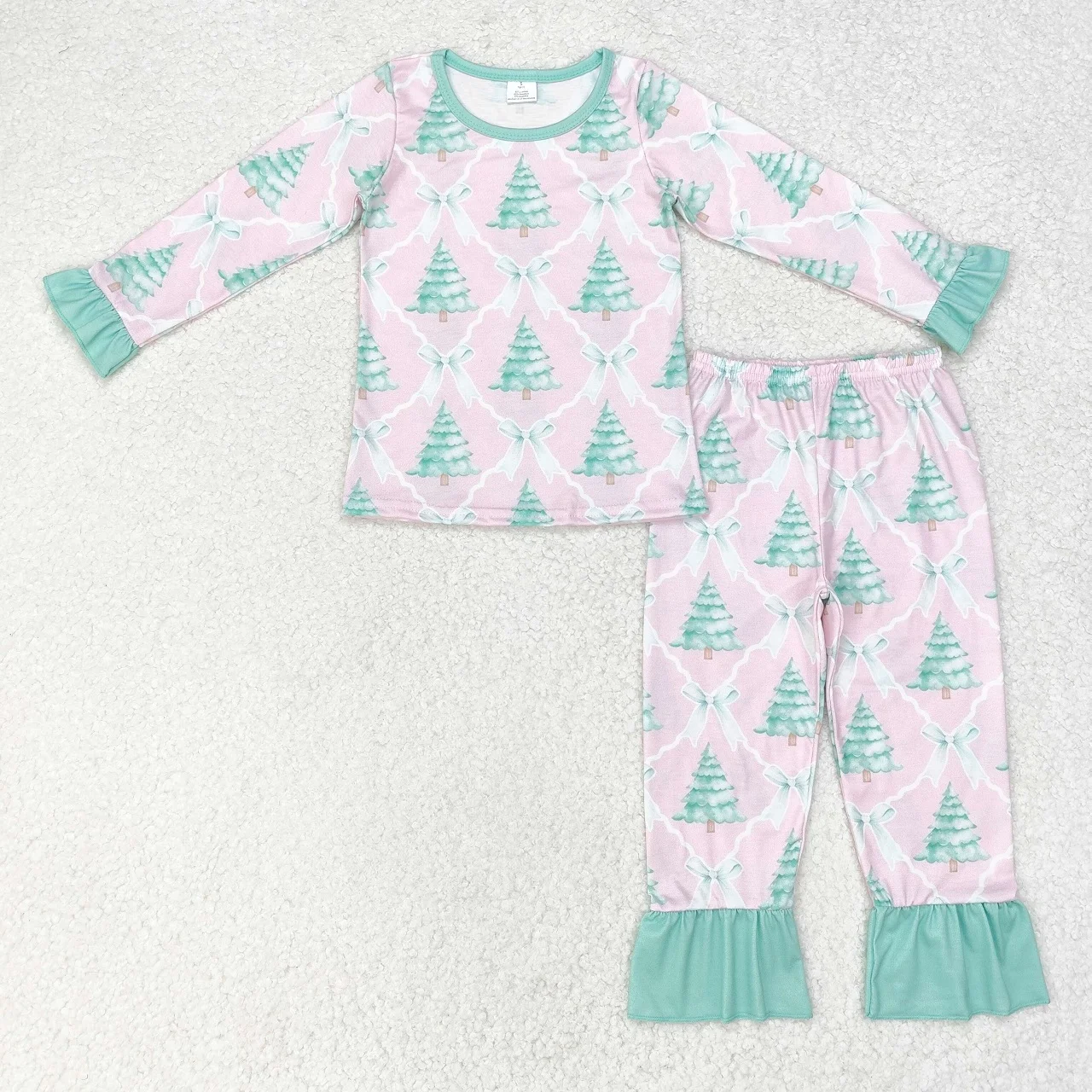 

Wholesale Christmas Tree Bows Pajamas Long Sleeves Baby Girl Shirt Set Kids Pants Toddler Outfit Nightwear Children Sleepwear