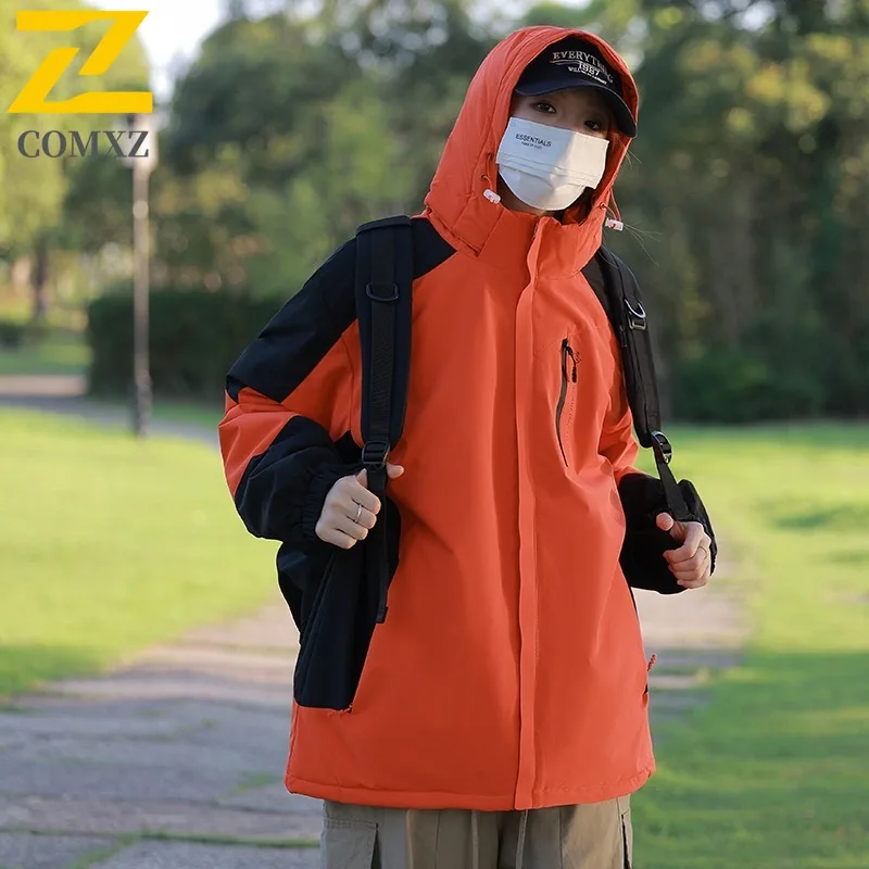 

COMXZ 2025 Men Women Couple Graphene Heated Workwear Jacket Winter Stand Collar Color Block Thick Warm Loose Fit Coat