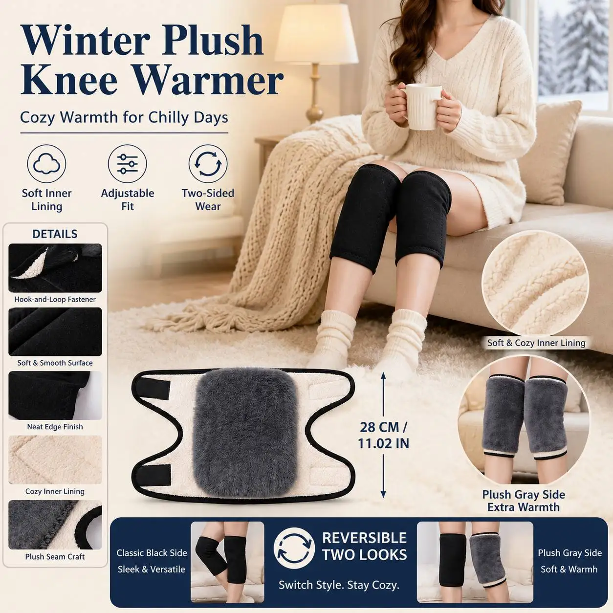 1/2/3PCS Winter Thicken Warm Knee Pads Adjustable Ski Cycling Leg Warmer Sleeves Knee Protector Plush Two-layer Knee Protector
