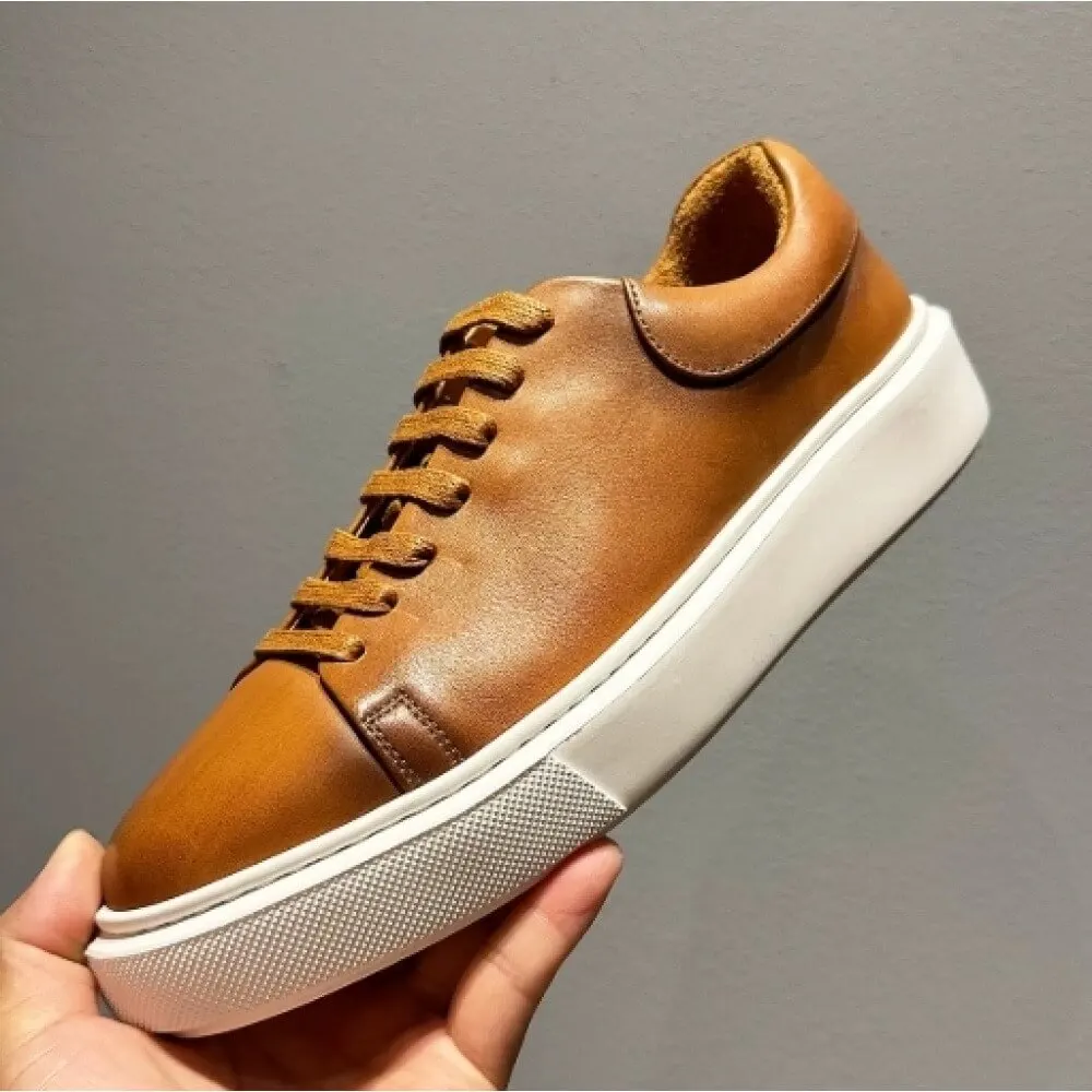 Caramel Brown Burnished Leather Sneakers, with matching laces and white sole, stylish and versatile
