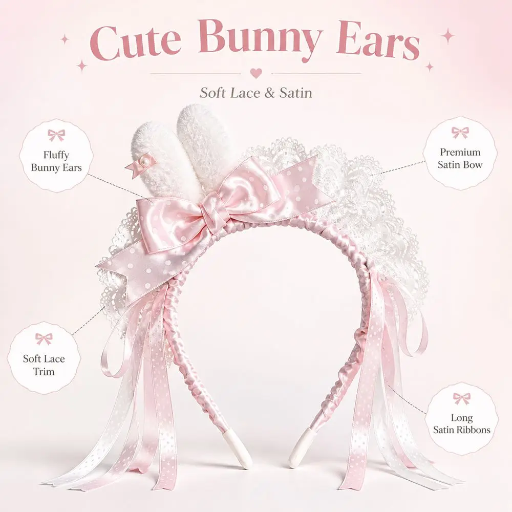 New Polka Dot Bow Bunny Ear Headband Mini Bunny Ear Lace Trim Ribbon Hairband Lolita Style Bow Headband Hair Styling