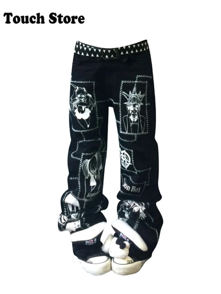 Women American Street Skinny Print Jeans Grunge Japanese Abi Low Rise Gyaru Y2K Dark Academia Denim Pants 2000s Japanese Grunge