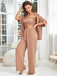 Half Sleeves Women Pajama Set 3 Piece Ruffle Trim Bra & Full-Length Pants & Button Top 3 Pieces Sleepwear Solid Nightwear