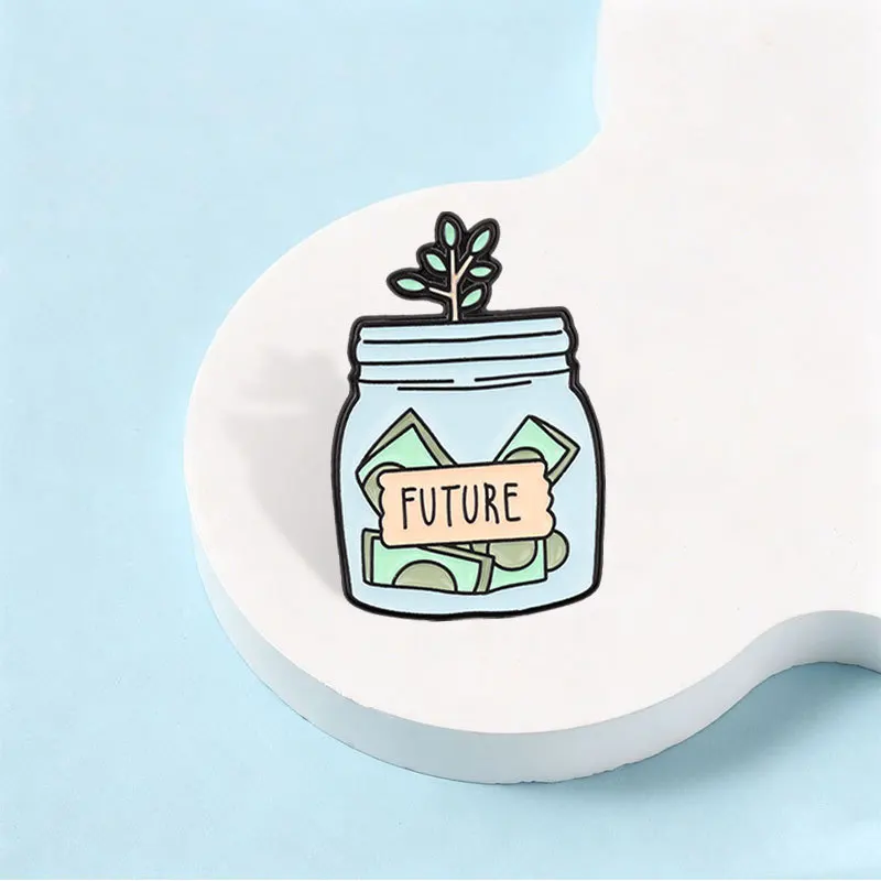Cute Bottle Shaped Future Wealth Contain Pins Brooch Cartoon FUTURE Piggy Bank Saplings Money Enamel Corsage Lapel Pin Accessory