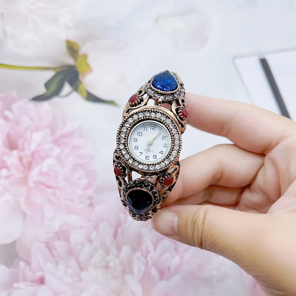 Neovisson High Quality Turkish Women Retro Vintage Bangle Watch Resin Cuff Quartz Wristwatch Antique Gold Color Jewelry