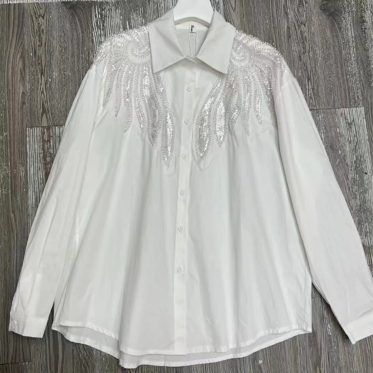 Sparking Sequined Beaded Stitch Cotton Shirts and Blouses For Women Spring Summer White Black Loose Casual Tops Blusas Female