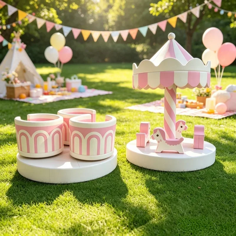 Popular White pink Indoor Outdoor Playground Sensory Gym Rotate Carousel Teacups Merry Go Round Soft Play for Parties Event Hire