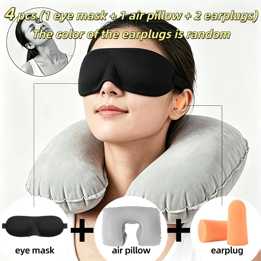 4Pcs Travel Inflatable Neck Pillow, 3D Blackout Eye Mask, Earplugs To Reduce Noise, Convenient And Comfortable, Reusable Set