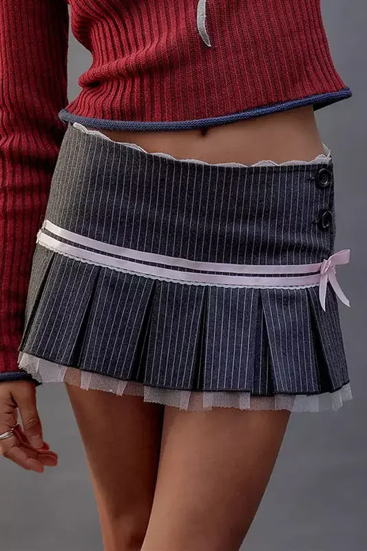 

Striped Bow Lace Skirt for Women, Summer Floral Lace Splicing, Hot Girl Pleated Skirt, Jk Skirt