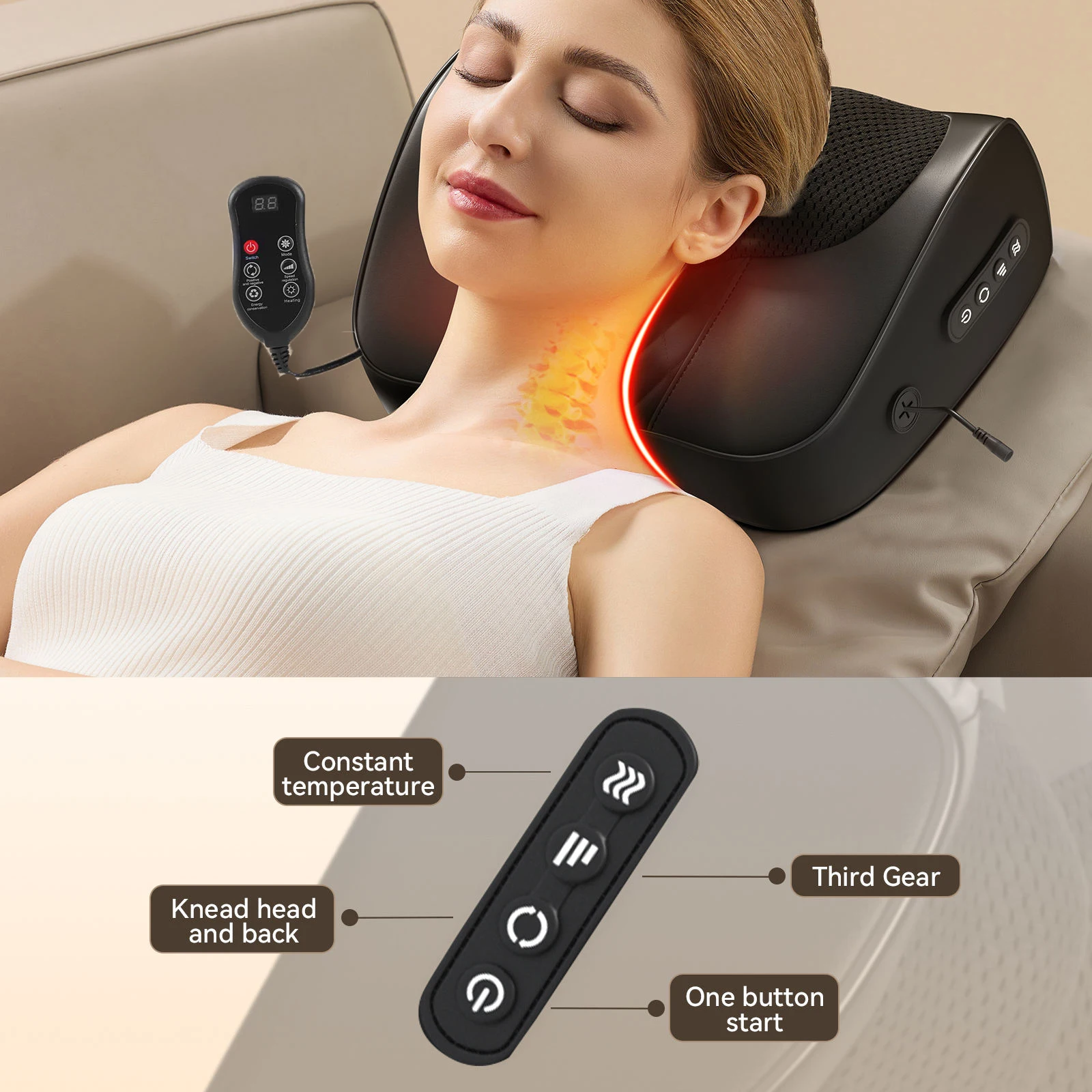 Factory Neck Massage Pillow Cervical Massager Waist Back Shoulder Shiatsu Kneaded Multifunctional Hot Compress Relaxation Gift