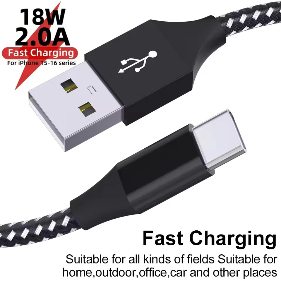 1/2/3 Meter USB A to Type C Fast Charging Cable for Samsung Galaxy A25 A35 A55 A54 S24 iPhone 16 15 Xiaomi Nylon Braided Wire