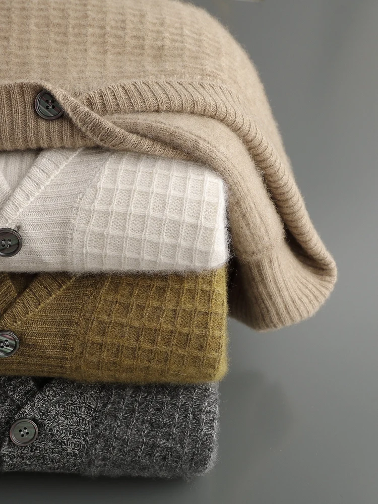 TLOML Autumn Winter Men 100% Cashmere Cable Knit Sweater Qingguo Collar Cardigan Smart Casual Cashmere Knitwear Soft Thicken Top