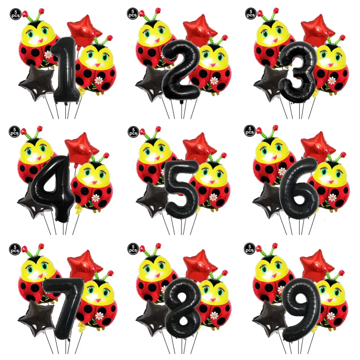 Marienkäfer-Ballon-Set mit fünfzackigem Stern und schwarzer Zahlen für Geburtstagsparty-Dekoration, Duschdekoration