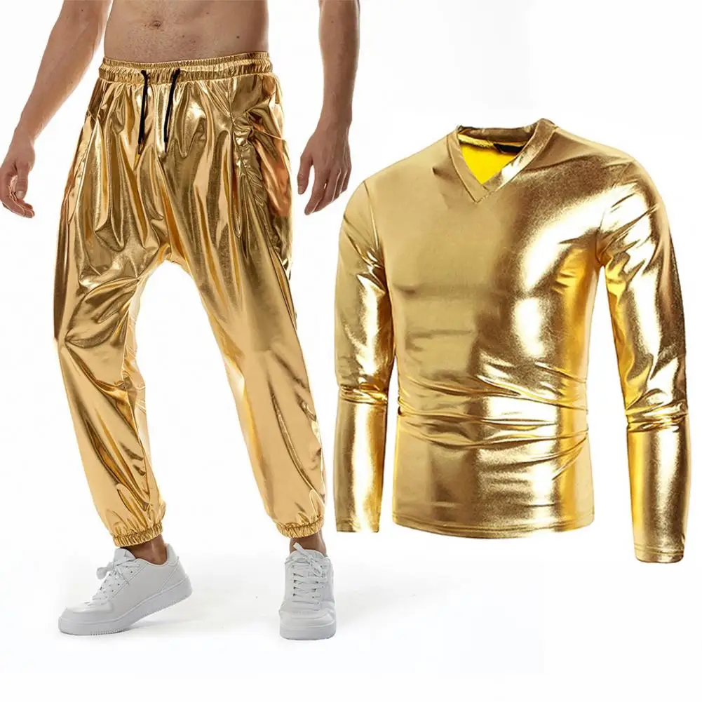 Men s Slim Fit 1 Piece Solid Shiny Party Gold Silver Black Sleeve Top For Men Wedding Prom Tops Pants ﻿